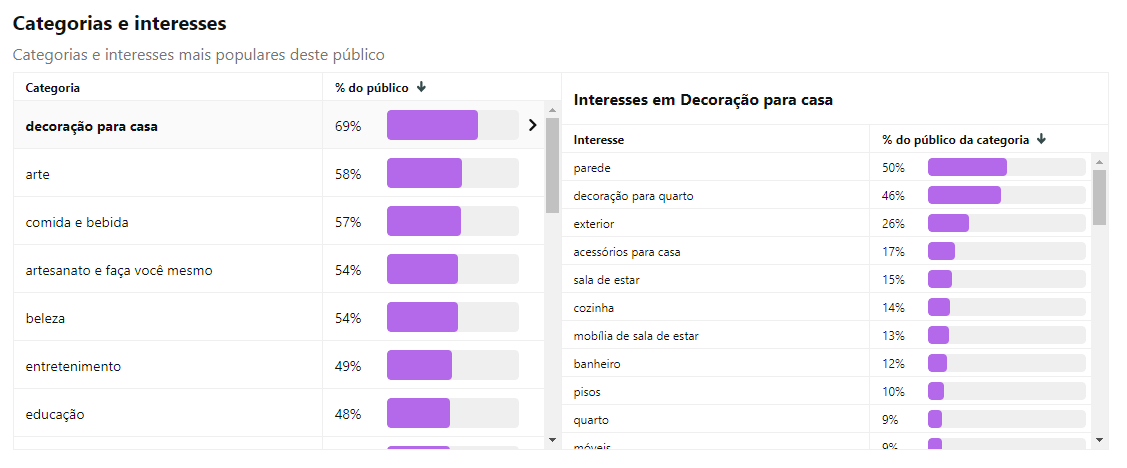Captura de tela de gráficos e interesses do público do Pinterest